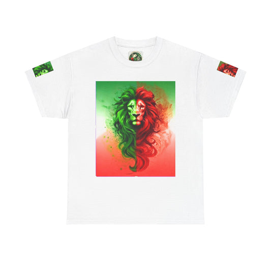 Persian Lion & Sun Split Mane T-Shirt | Green Red Design with Sleeve Face detail. Unique.