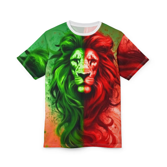 SoulSpark Harmony Lion & Sun T-Shirt | 3D Flowing Guardian Split – Vibrant 3D Illusion